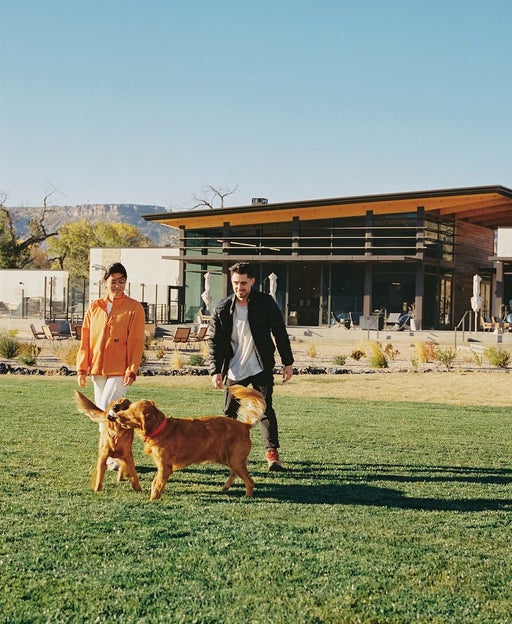 couple playing with dog