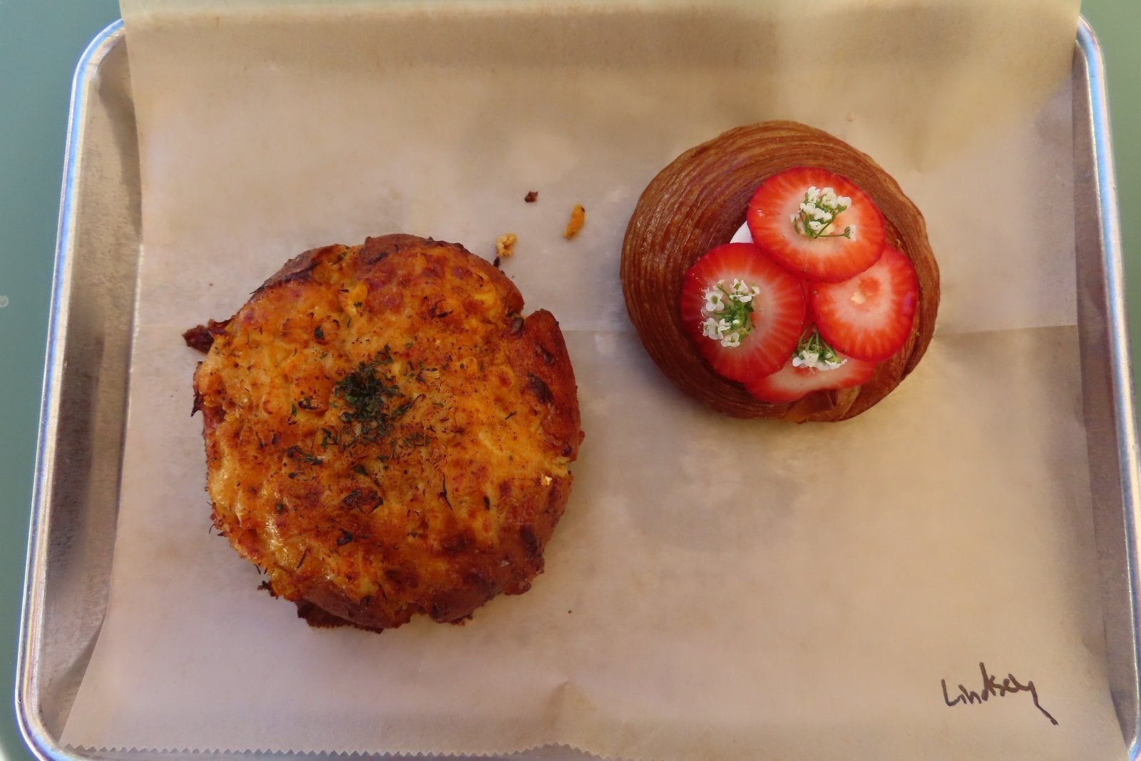 Two pastries on a tray