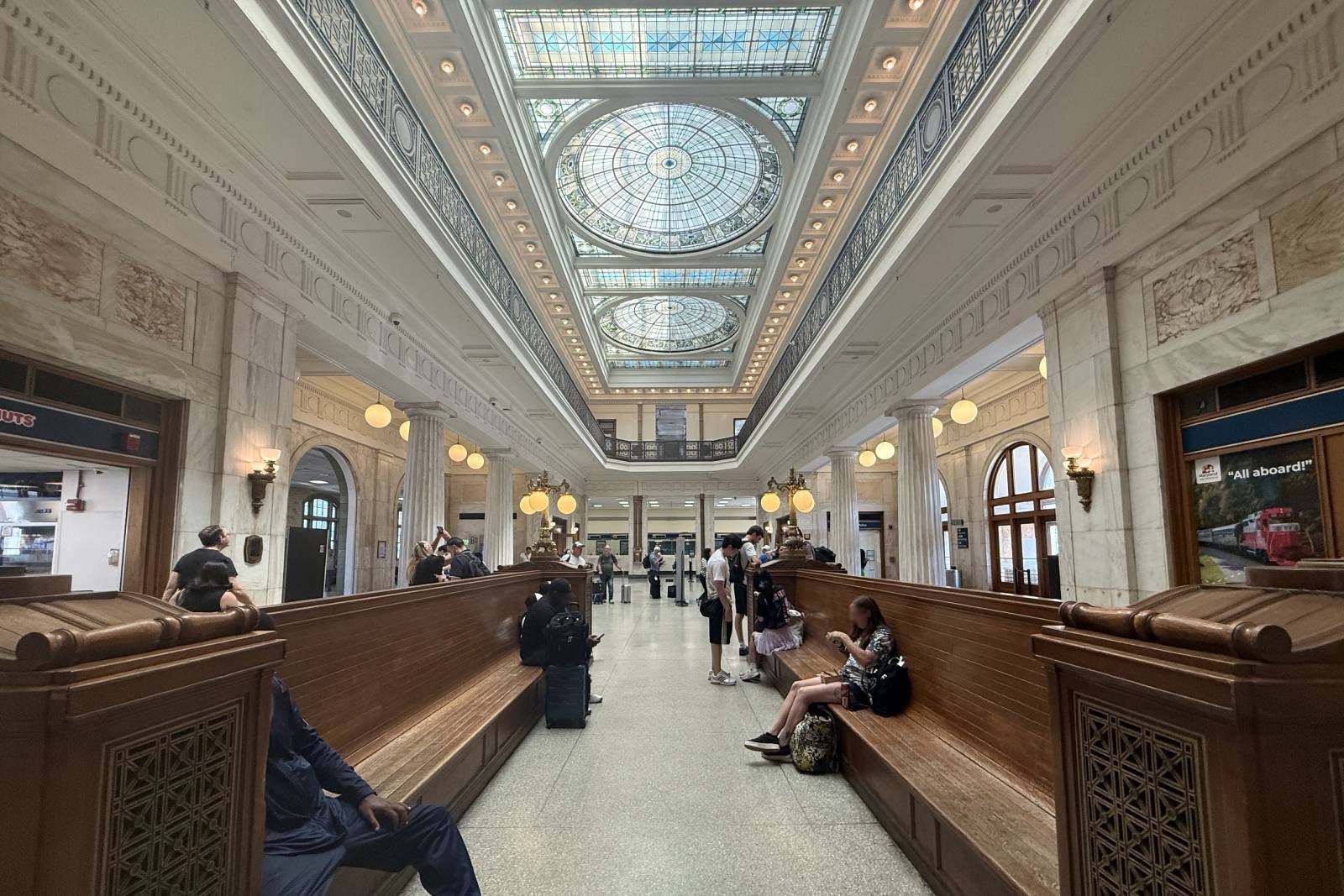 train station interior with stained glass ceiling