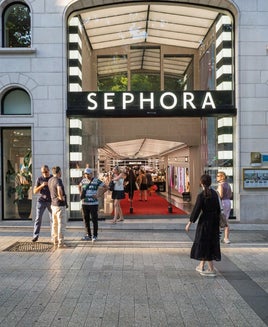Sephora flagship store entrance on the Champs-Elysees, Paris, France, with people entering and exiting.