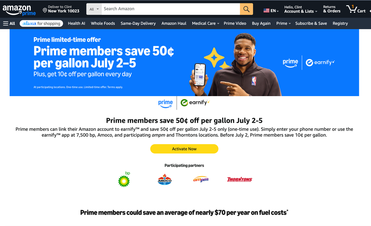 Prime members fuel savings activation page.