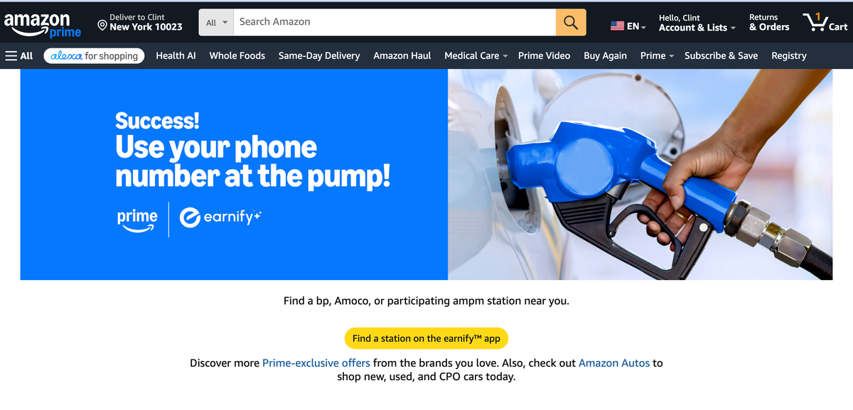 Enrollment confirmation on the Amazon Prime gas deal.