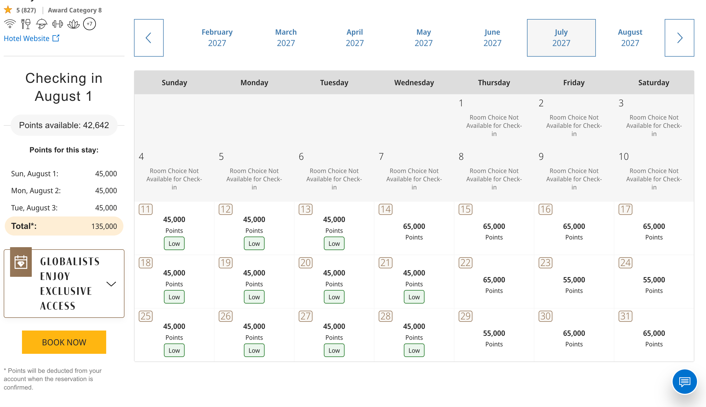 Award calendar showing nights for booking at the Park Hyatt Paris Place Vendome.