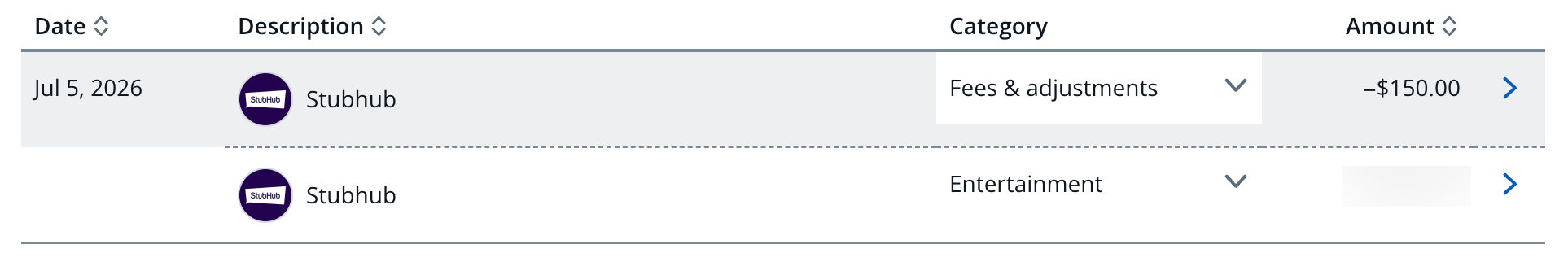 Online account activity with Chase showing a StubHub purchase
