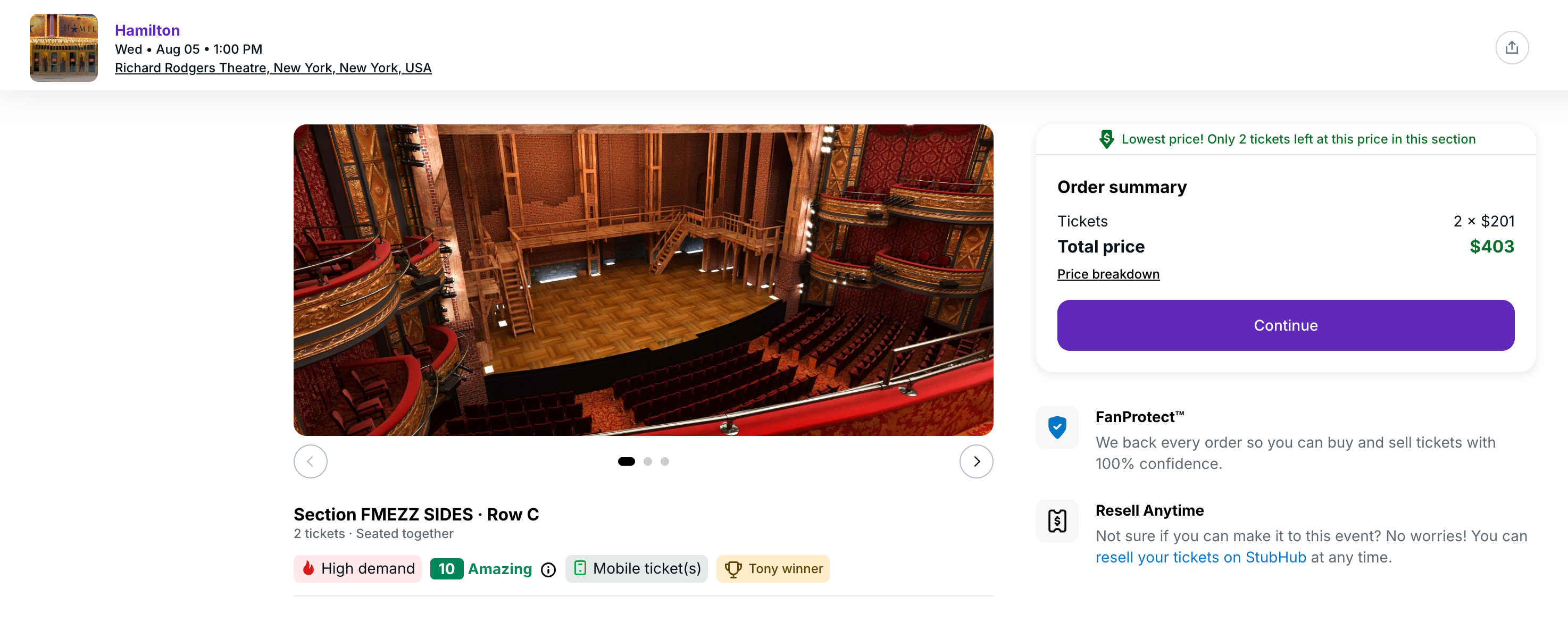 A ticket purchase for Hamilton via StubHub in August 2026