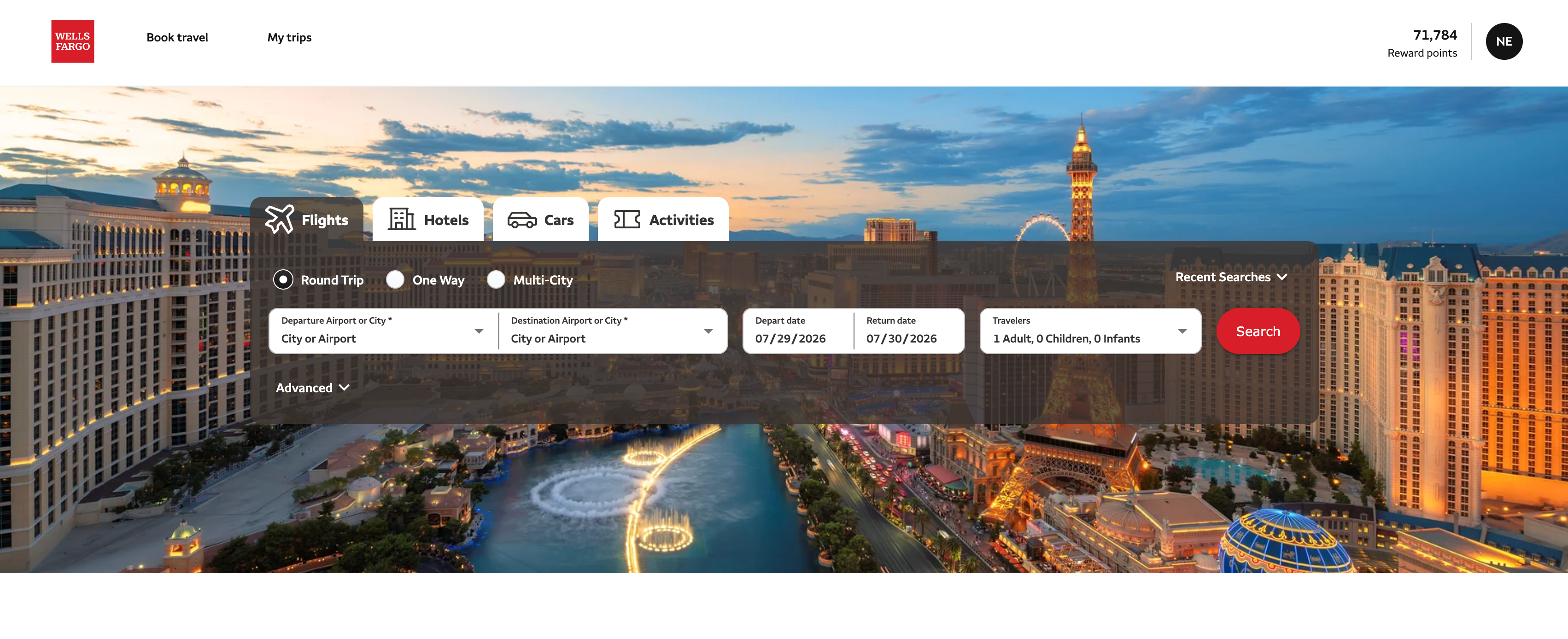 Wells Fargo travel screenshot