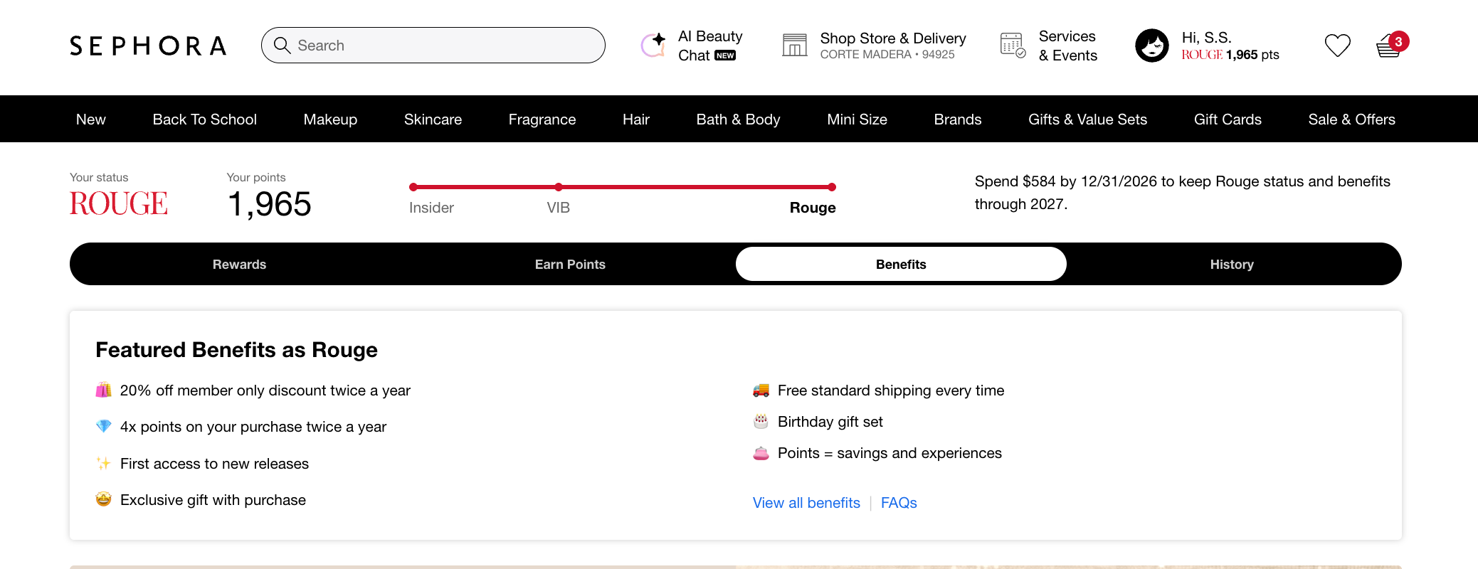 screenshot of Sephora status