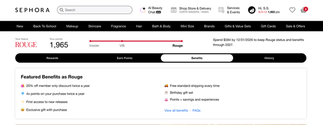 screenshot of Sephora status