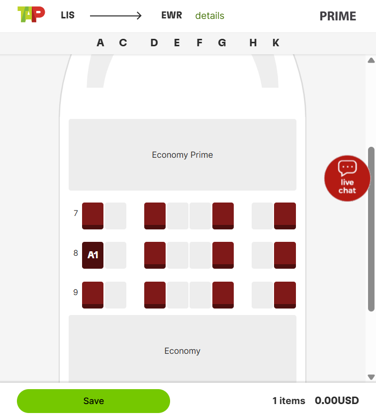 TAP economy prime seatmap EWR-LIS