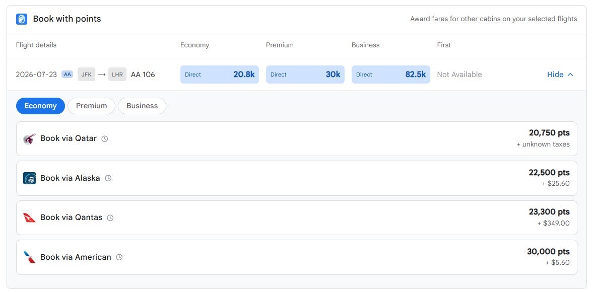 Google Flights results with elements from a Seats.aero extension