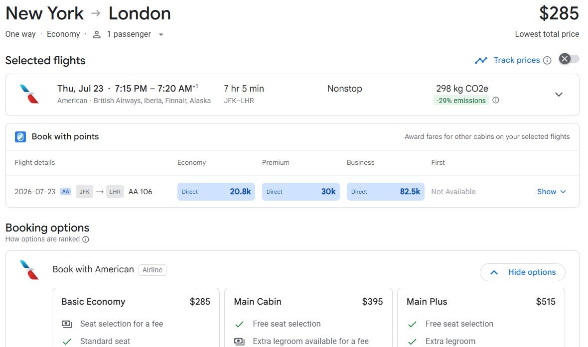 Google Flights results with elements from a Seats.aero extension