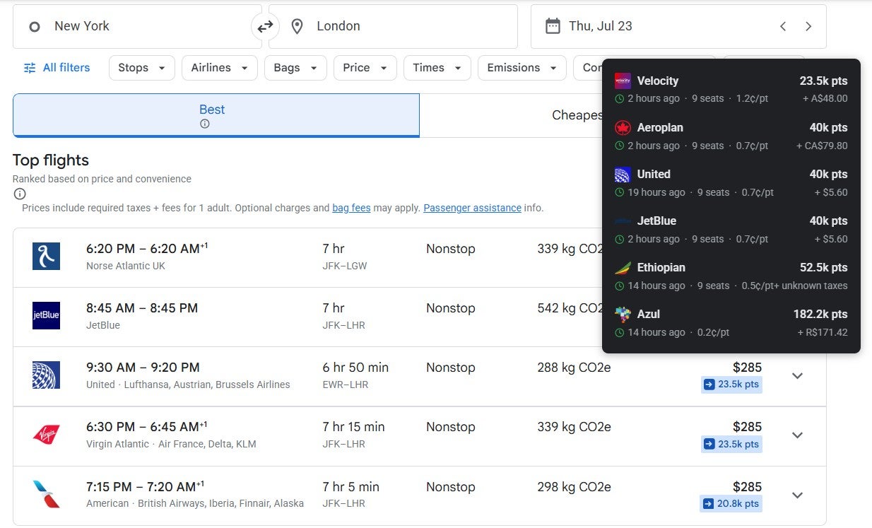 Google Flights results with elements from a Seats.aero extension