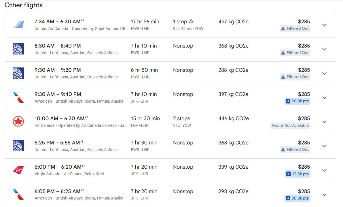 Google Flights results with elements from a Seats.aero extension