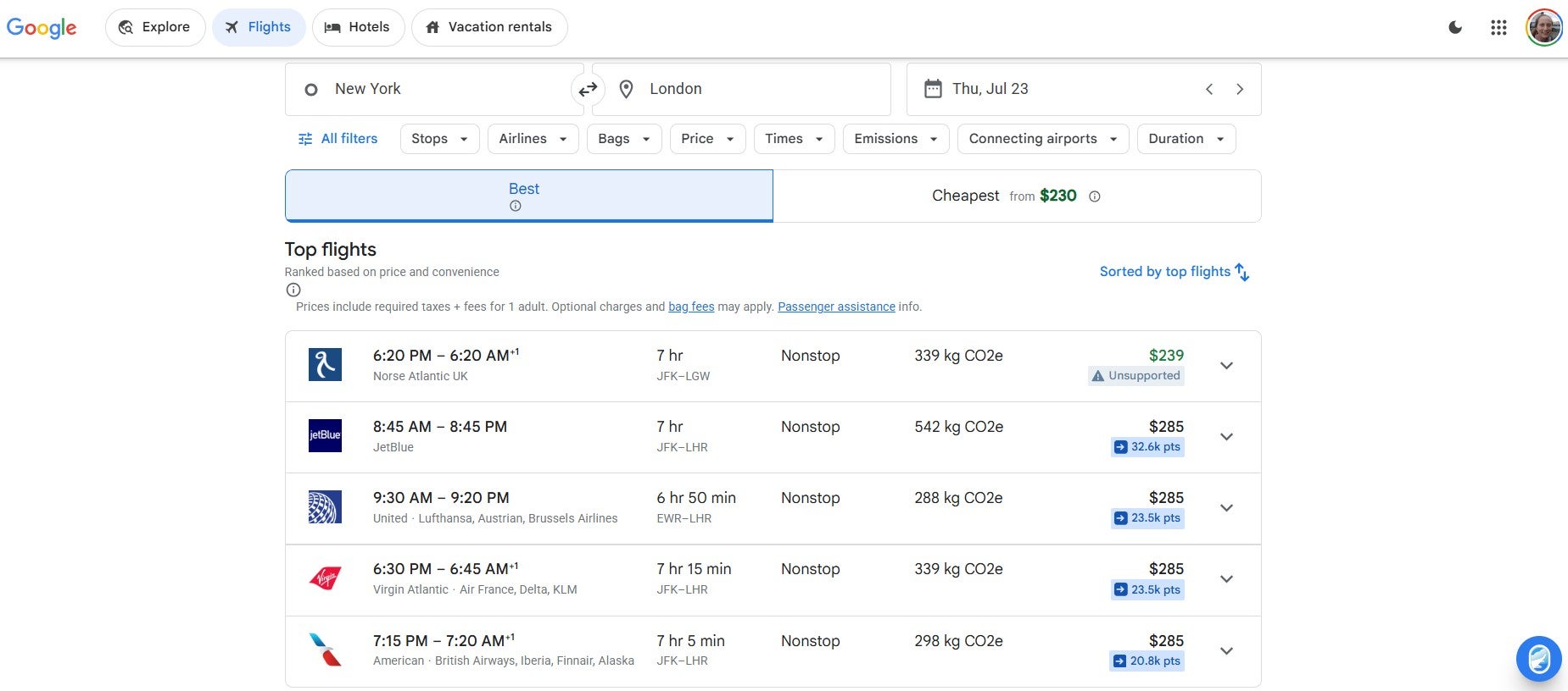 Google Flights results with elements from a Seats.aero extension