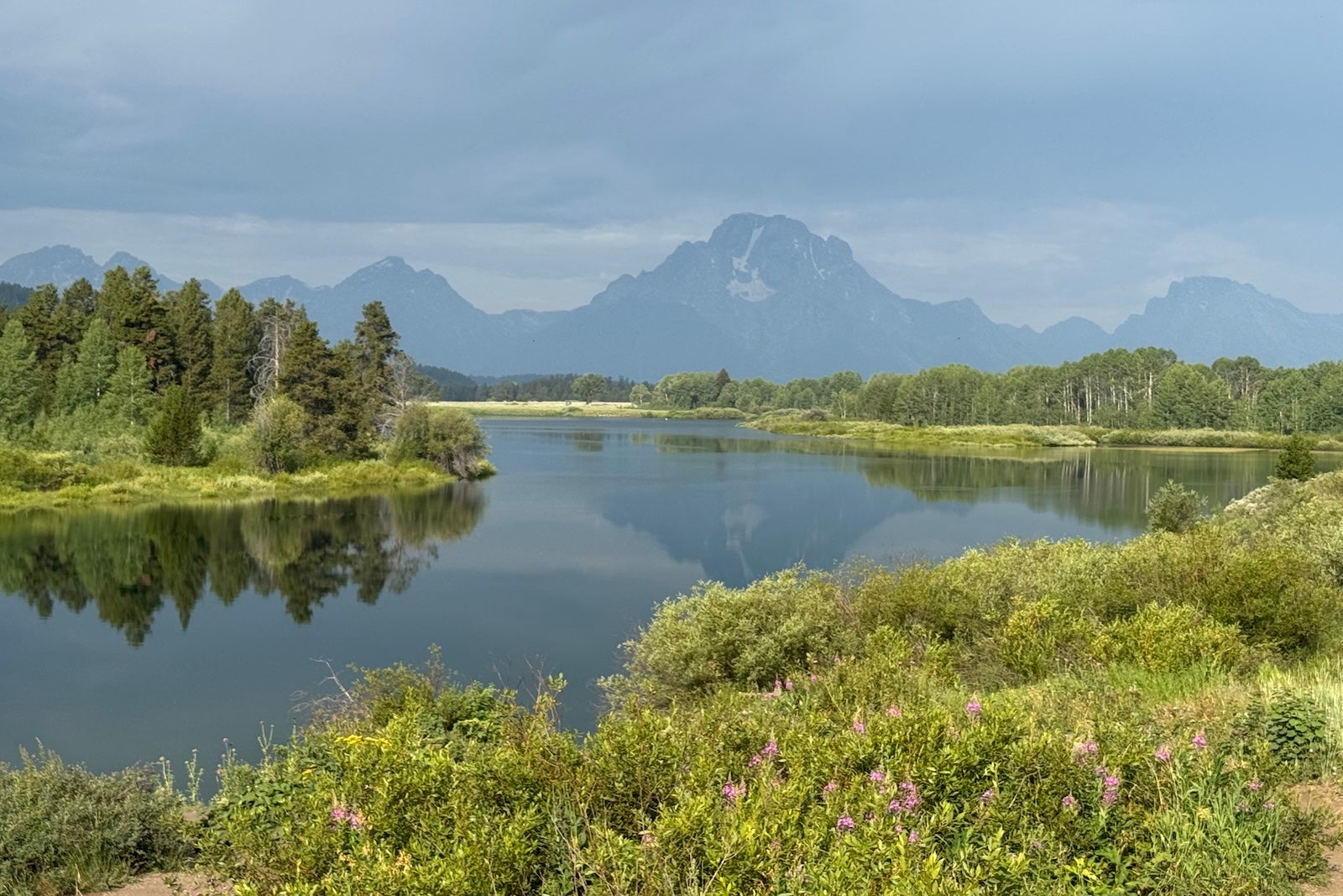 Lush meadows over a lake in the Tetons