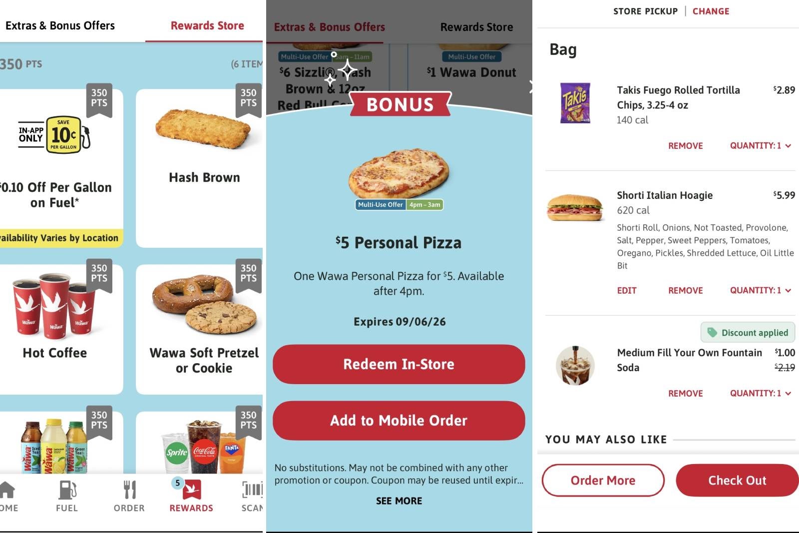 screenshots of various screens on the Wawa app
