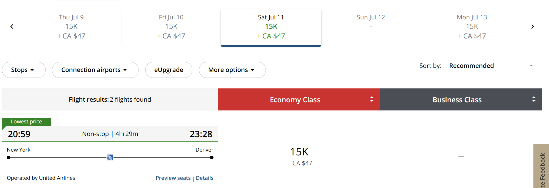 Air Canada Aeroplan award flight 15k July 11 EWR-DEN United