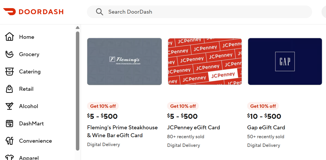 JCPenney 10% discount on DoorDash gift card shop