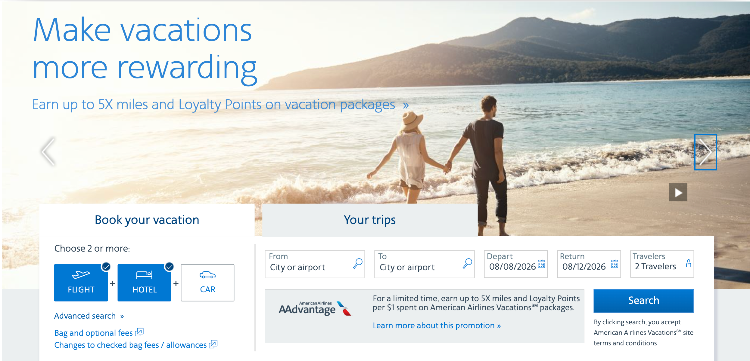 Screenshot of AA vacation bookings