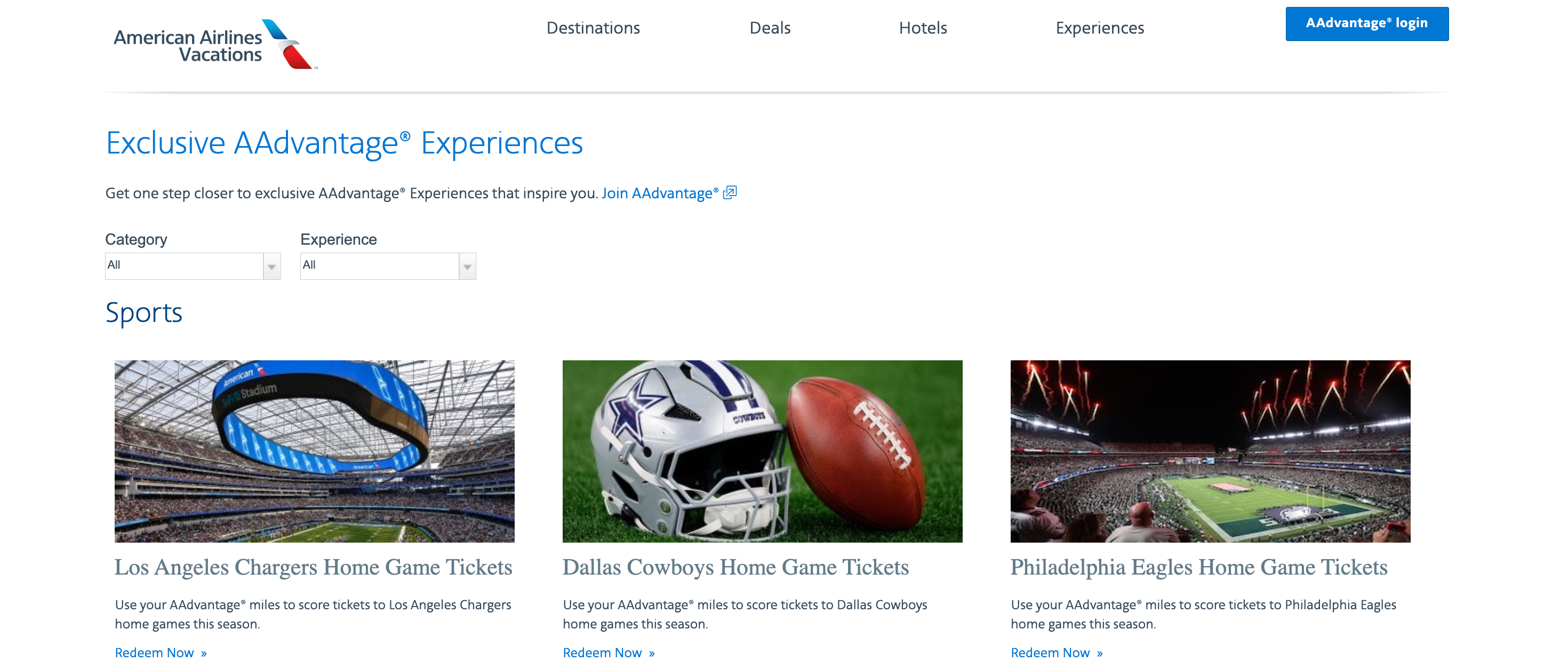 screenshot of American Airlines experiences