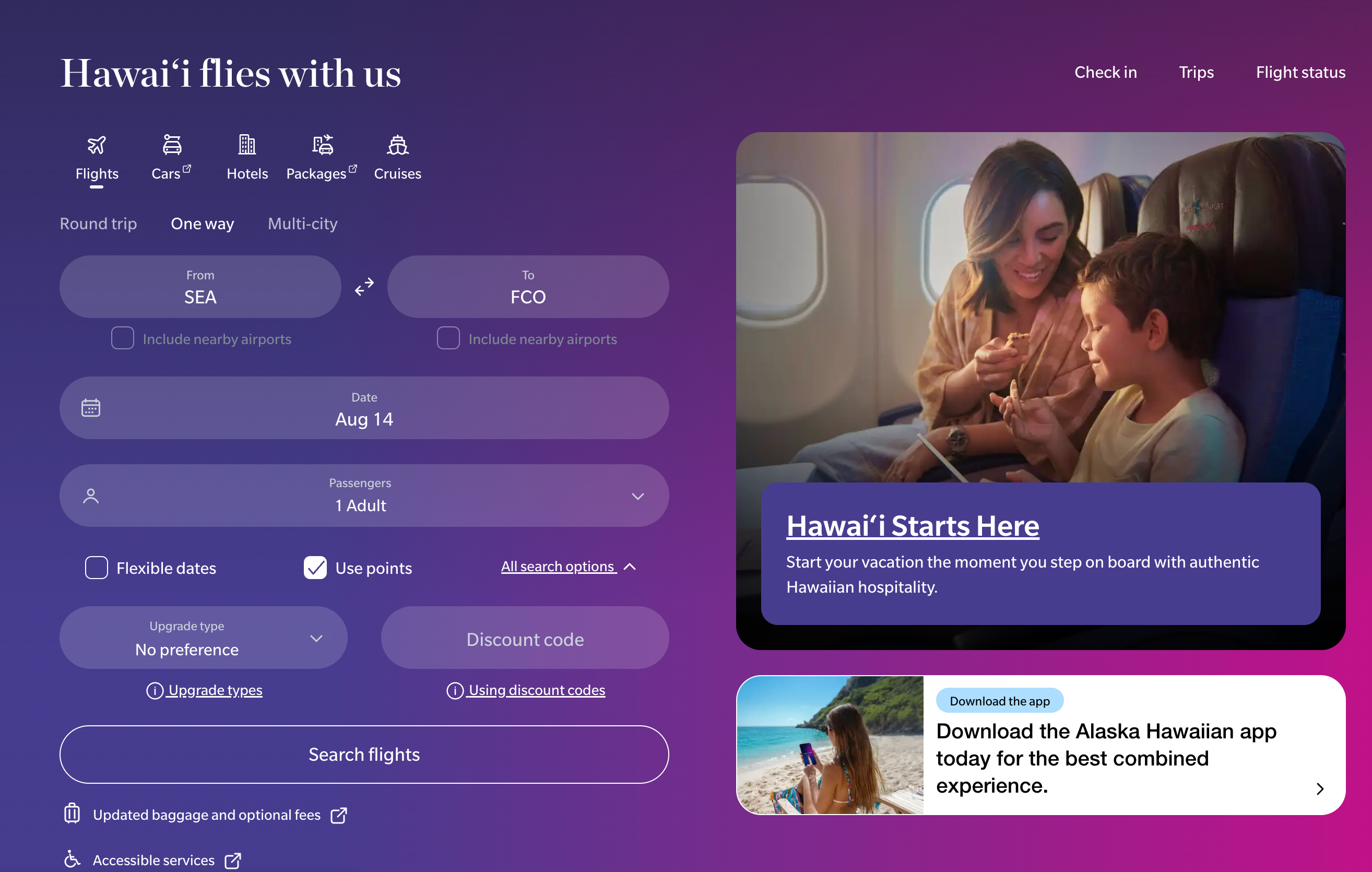 Hawaiian Airlines flight search page.