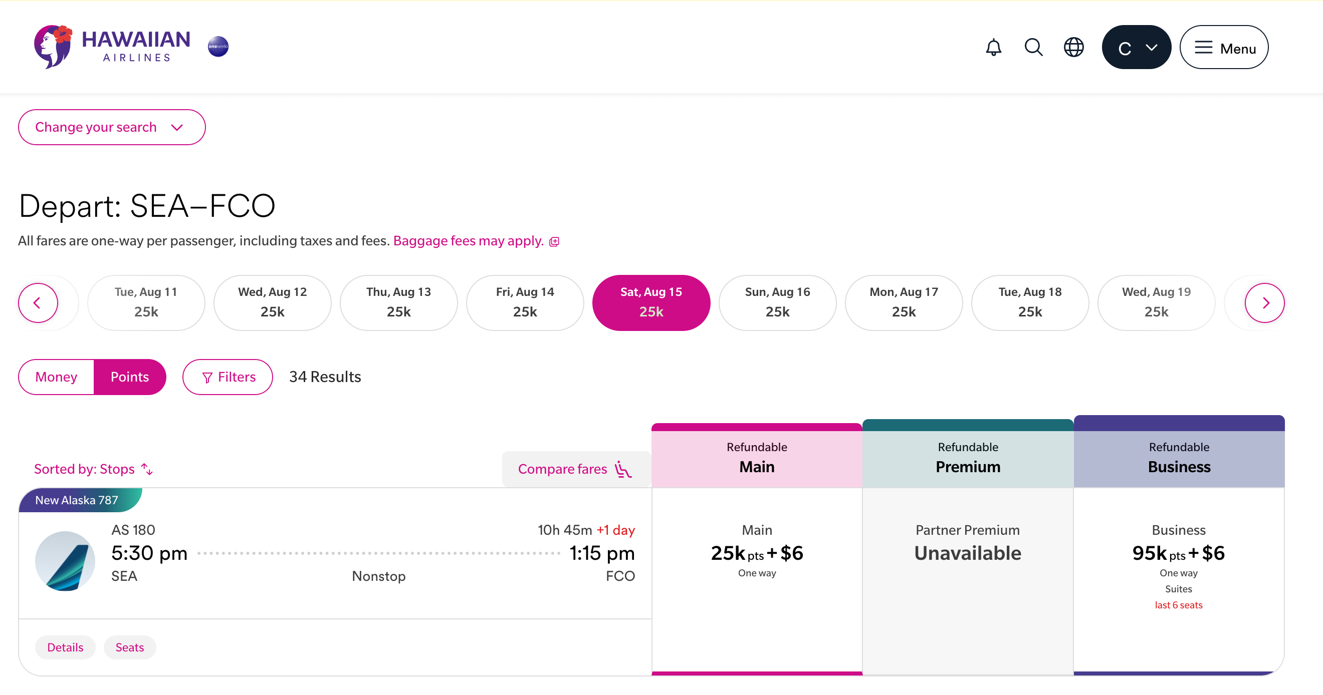 Alaska award booking from Seattle to Rome.