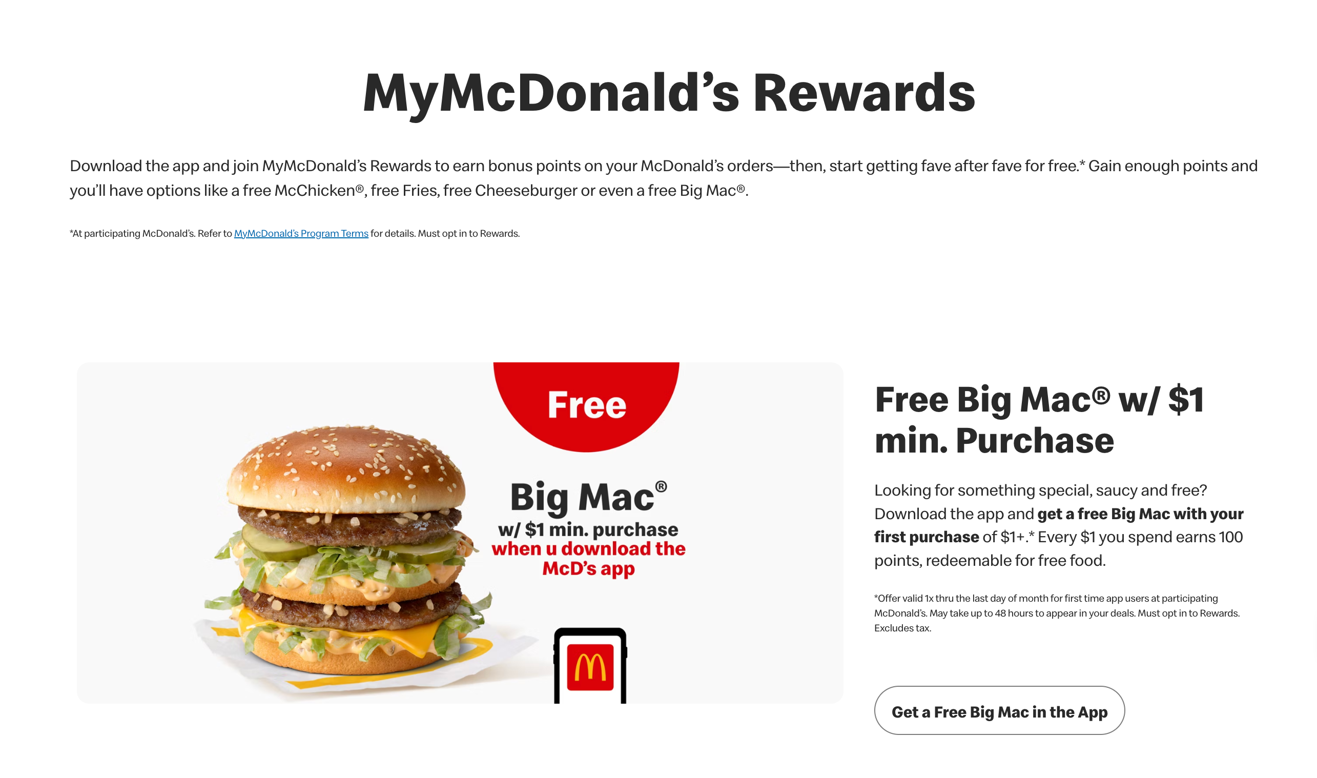 Landing page for MyMcDonald's Rewards.