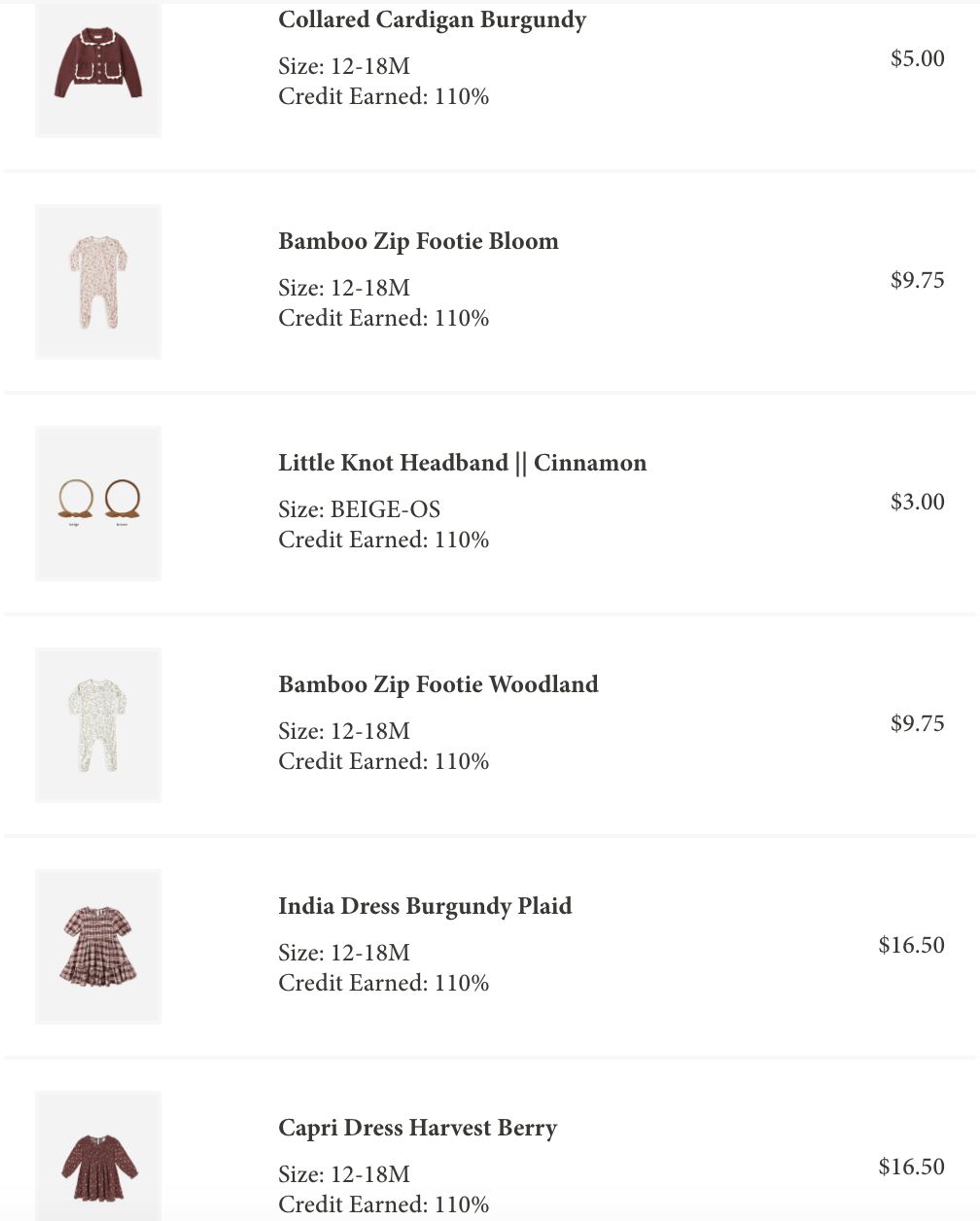 List of Rylee + Cru trade-in items