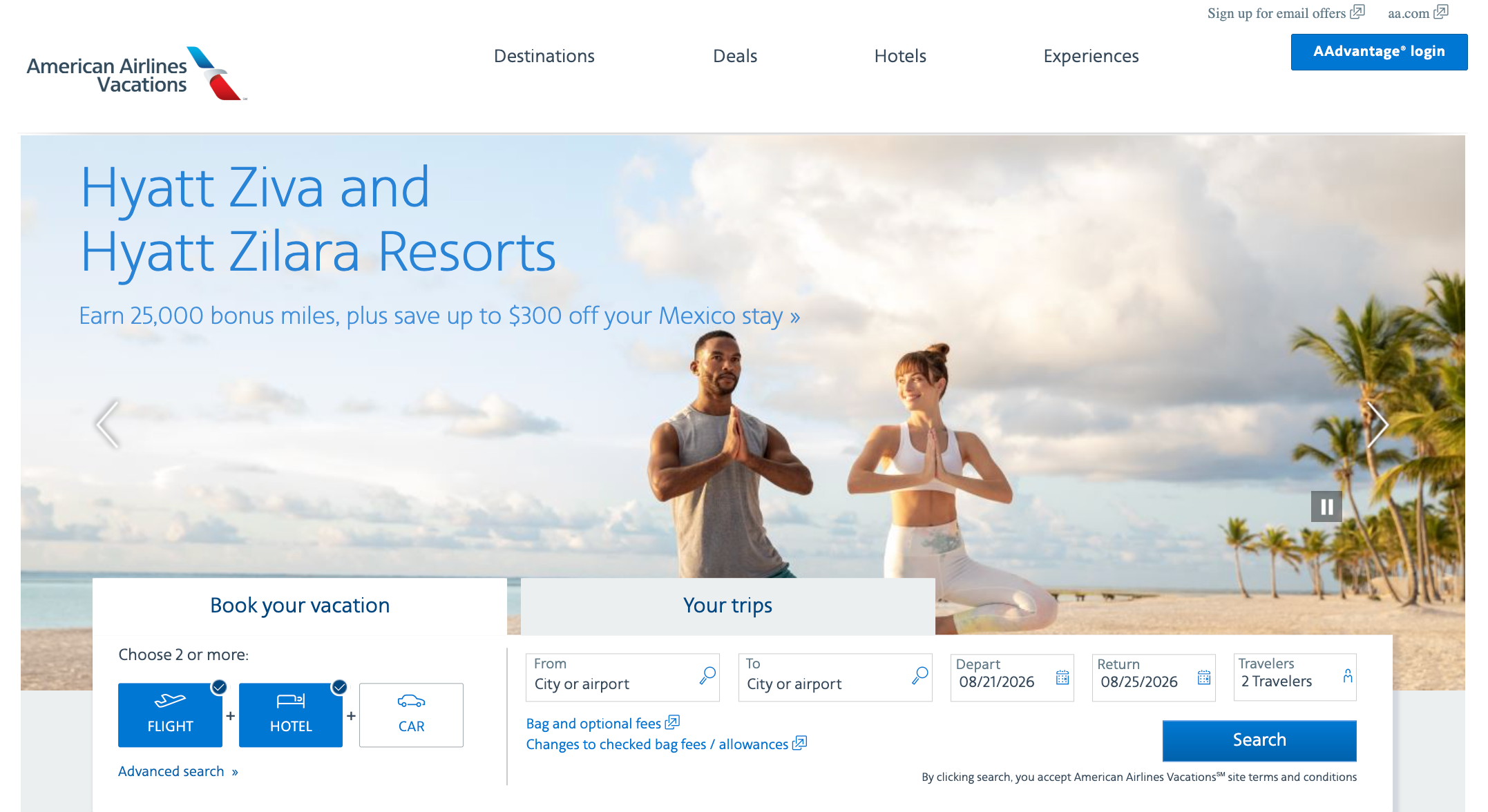 screenshot of American Airlines vacations