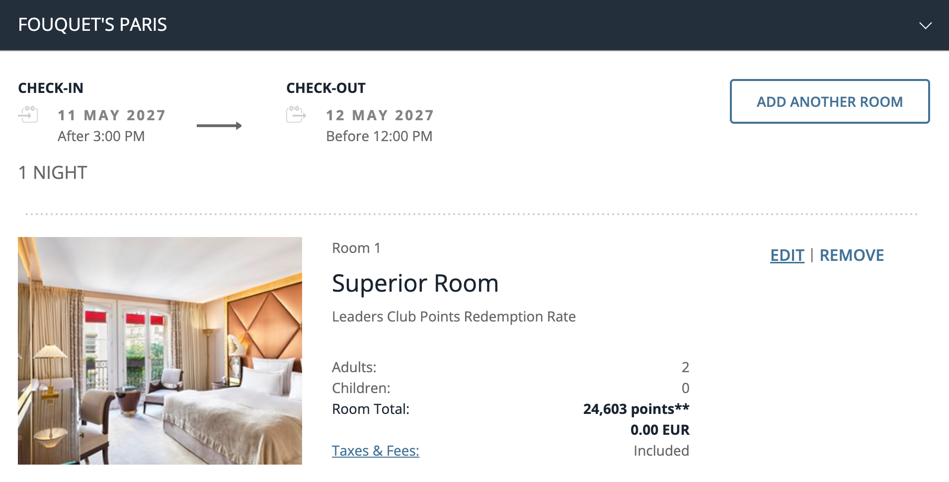 The nightly redemption rate for Fouquet's Paris through Leading Hotels of the World