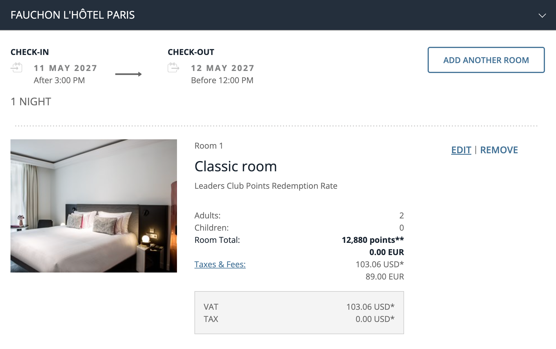 The nightly redemption rate for Fauchon L'Hotel Paris through Leading Hotels of the World