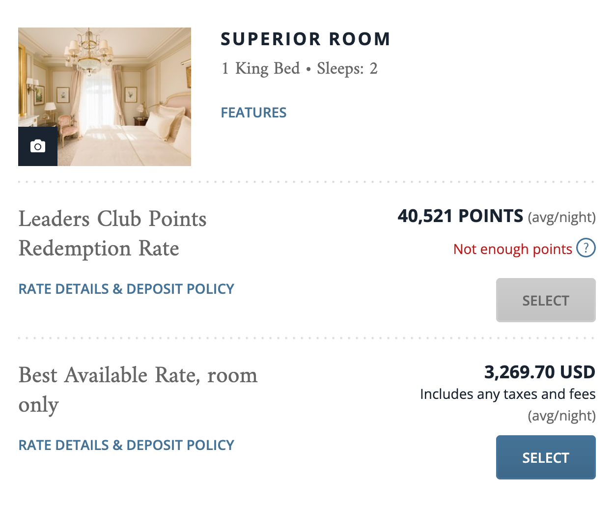 The nightly rates for the Ritz Paris through Leading Hotels of the World