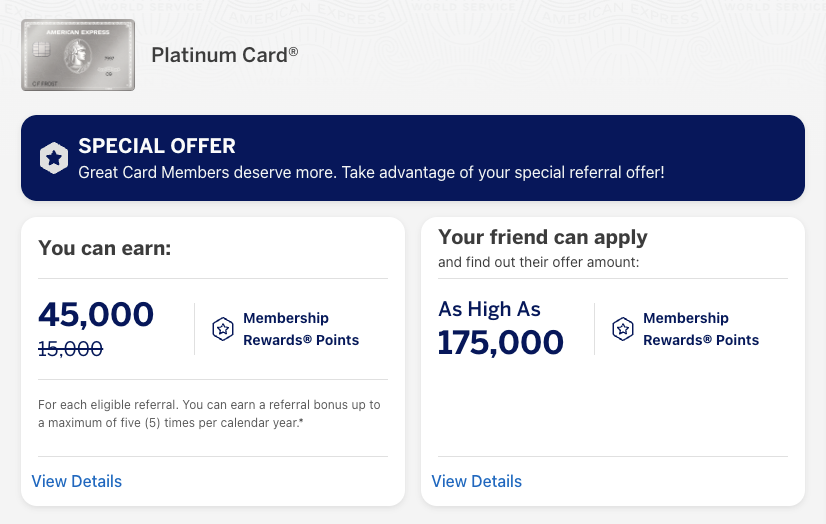 A screen shot of an Amex Platinum referral link showing an elevated referral bonus of 45,000 points