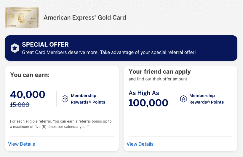 A screen shot of an Amex Gold referral link showing an elevated referral bonus of 40,000 points