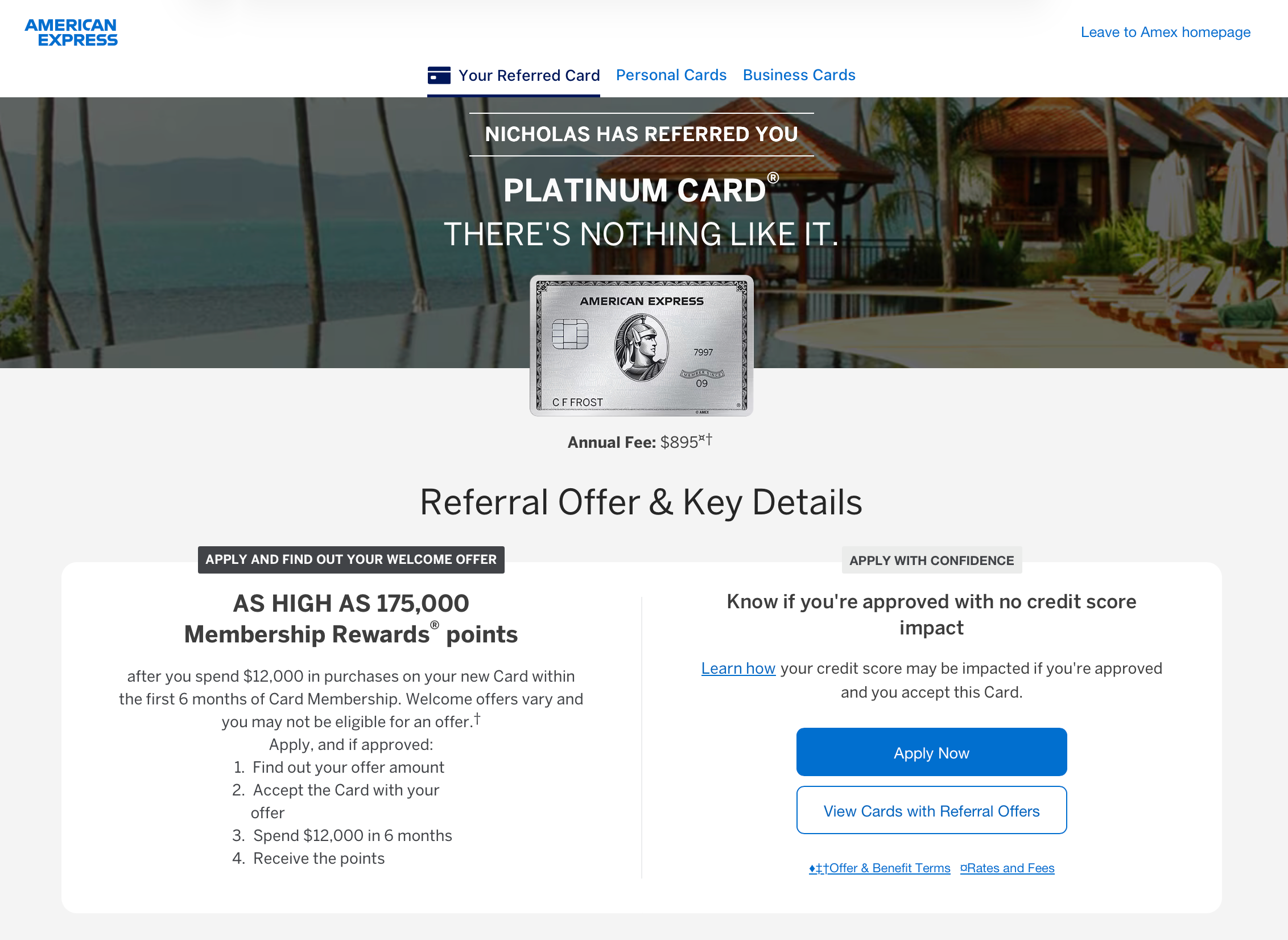 A screen shot of the landing page for clicking on an Amex Platinum referral link