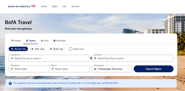 Bank of America travel portal flight search engine