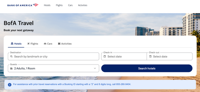 BofA travel portal booking page with the option to search for