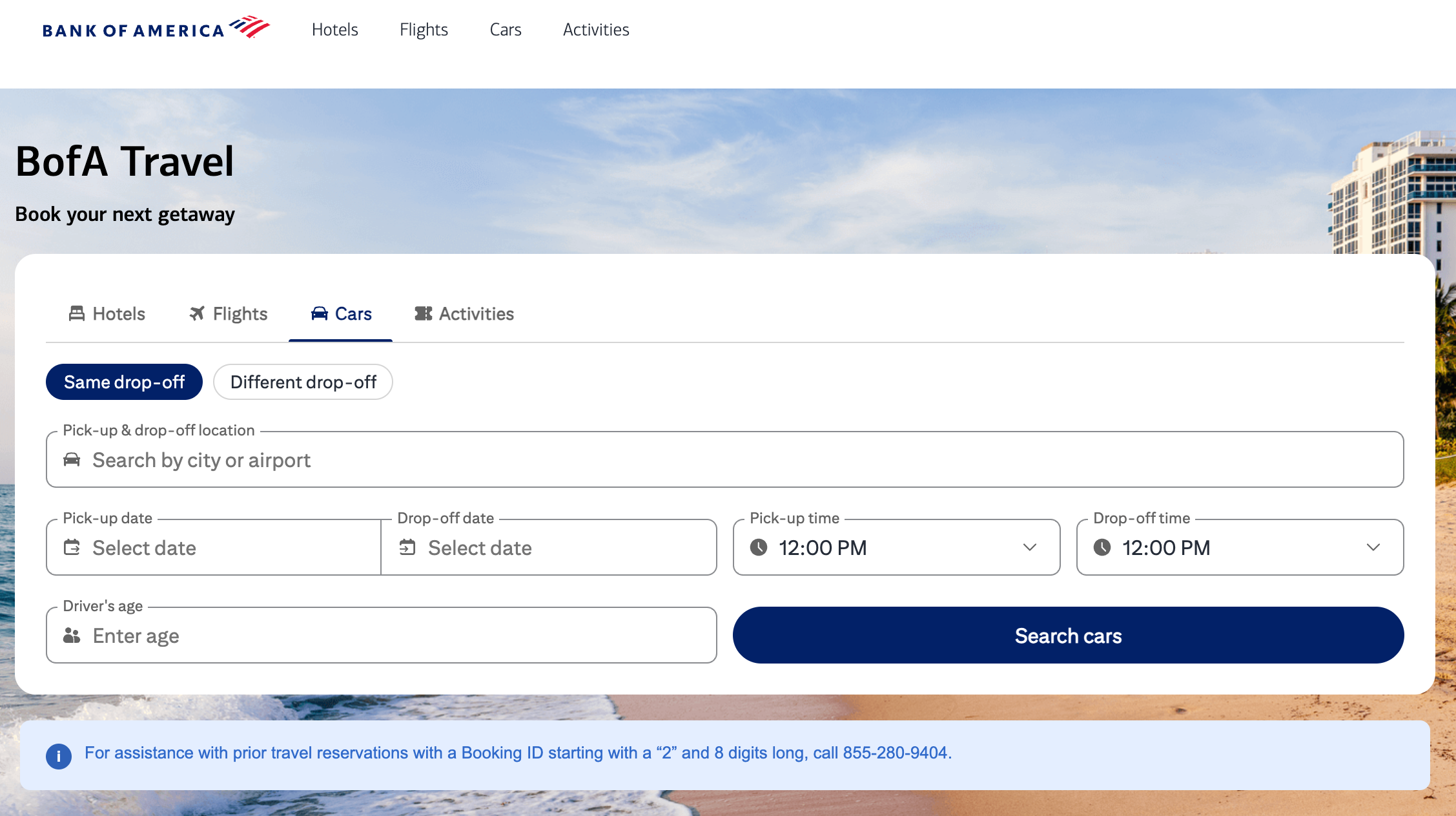 Rental car booking page through BofA Travel.