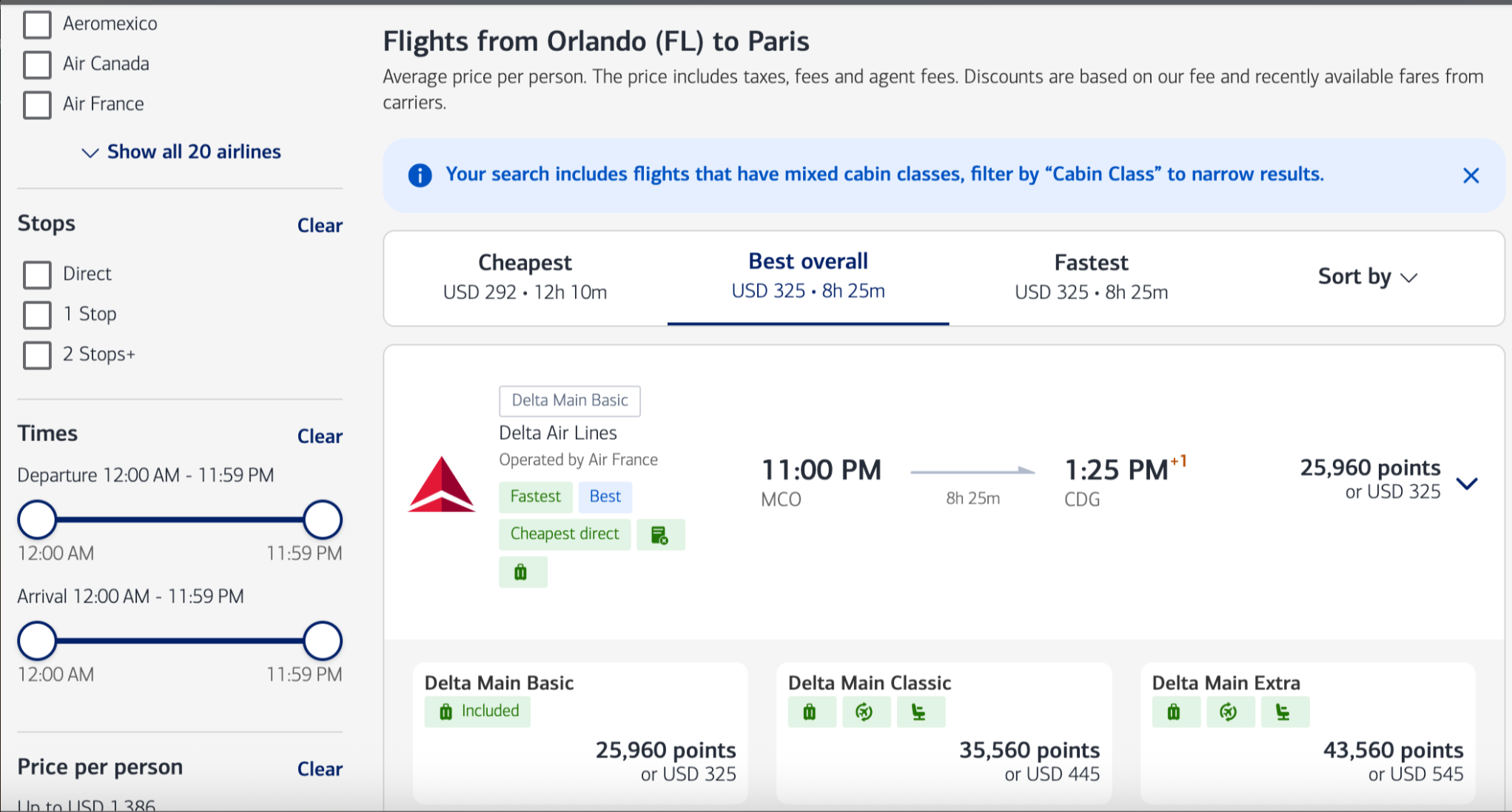 Search results for a flight in the BofA Travel portal