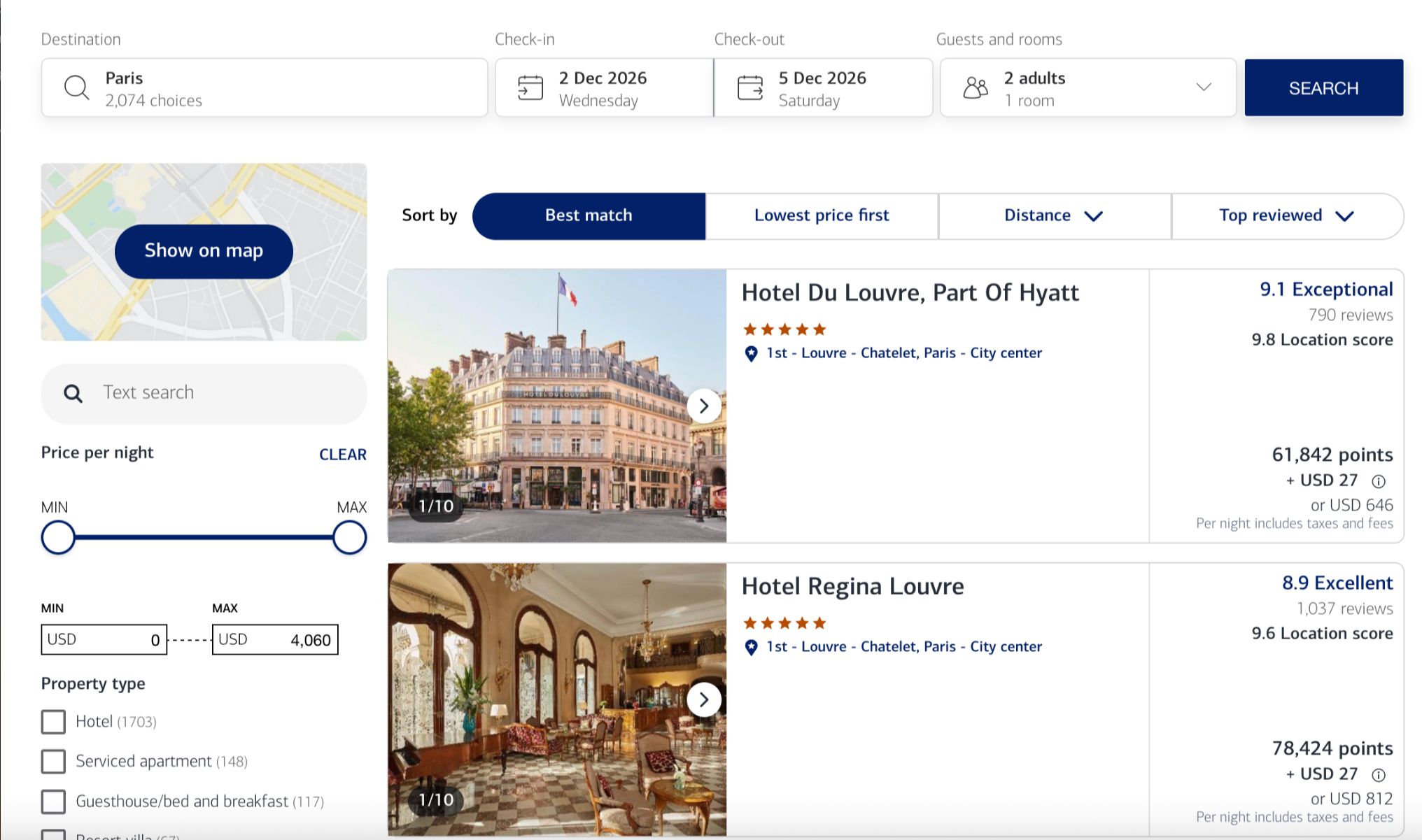 Hotel booking results in Paris through the BofA Travel portal.