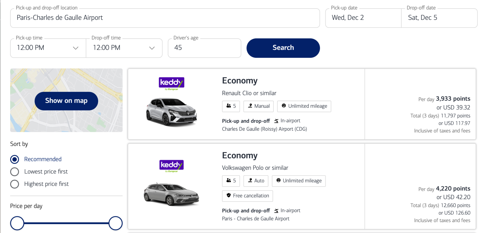 Results from a search for rental cars in Paris through BofA Travel portal.
