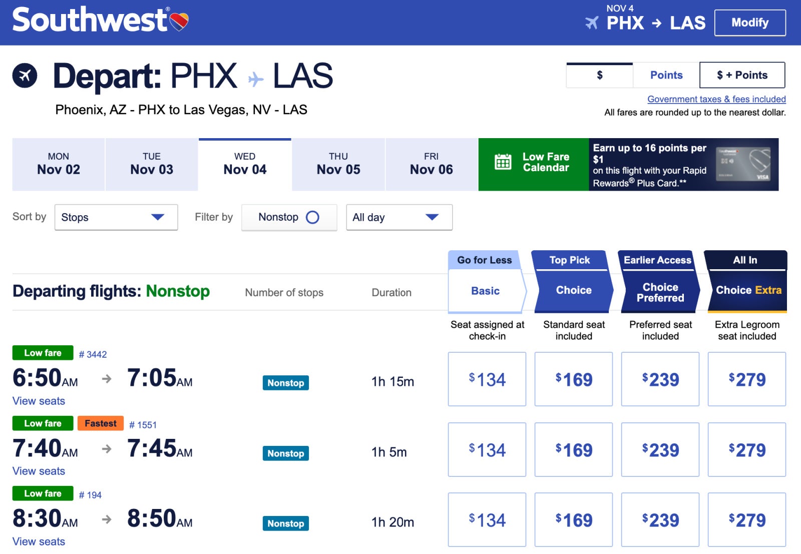 Southwest Screenshot PHX LAS Cash Price