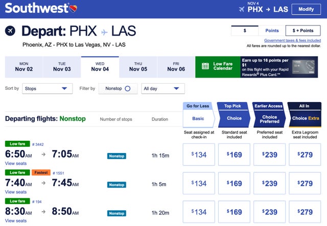 Southwest Screenshot PHX LAS Cash Price
