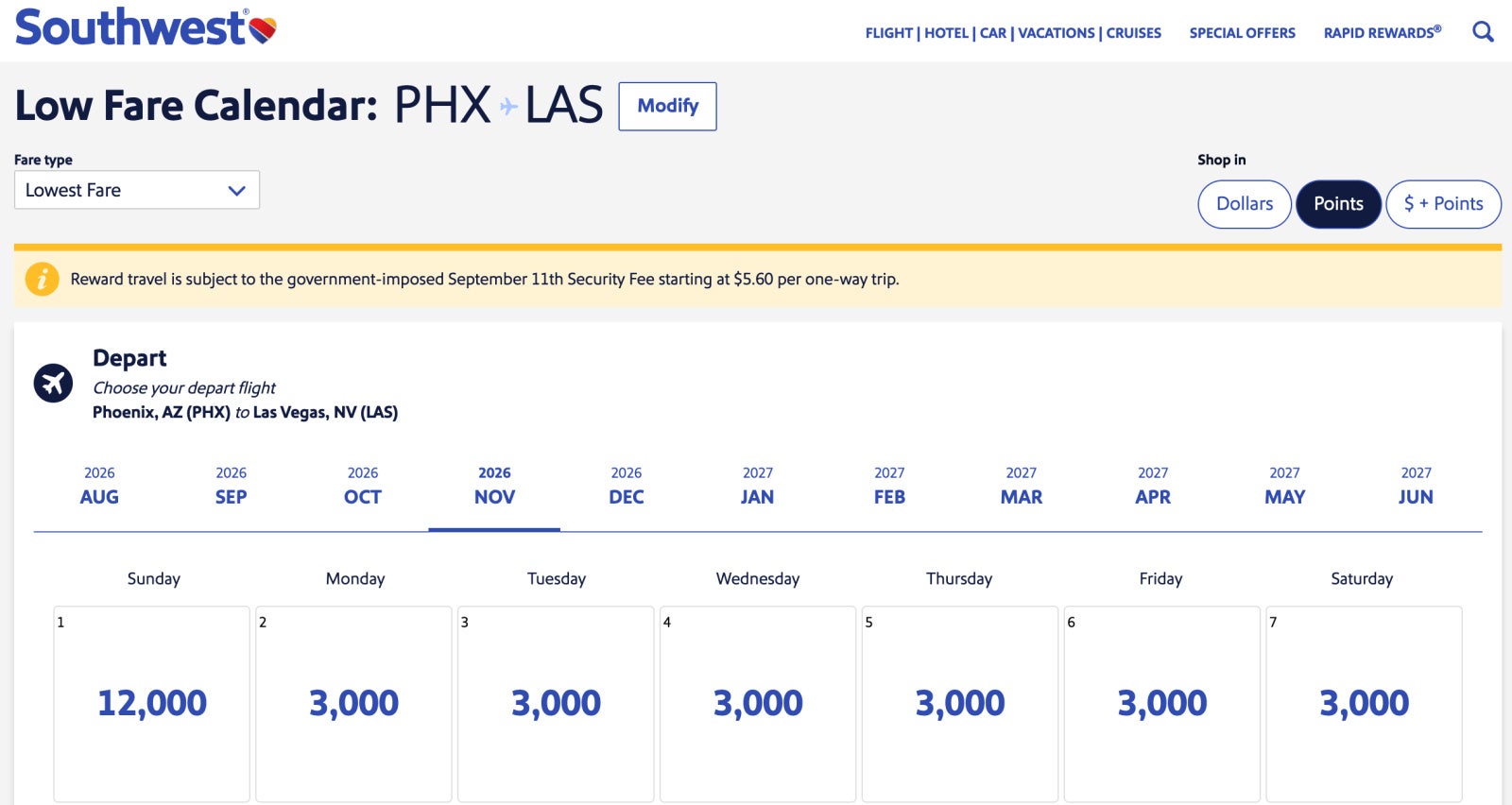 Southwest Screenshot PHX to LAS Low Fare Calendar