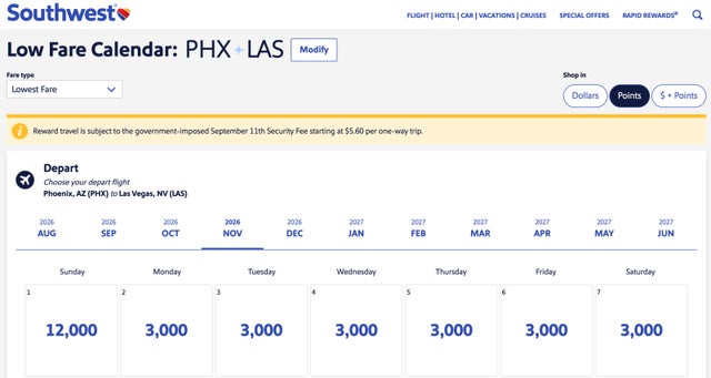 Southwest Screenshot PHX to LAS Low Fare Calendar