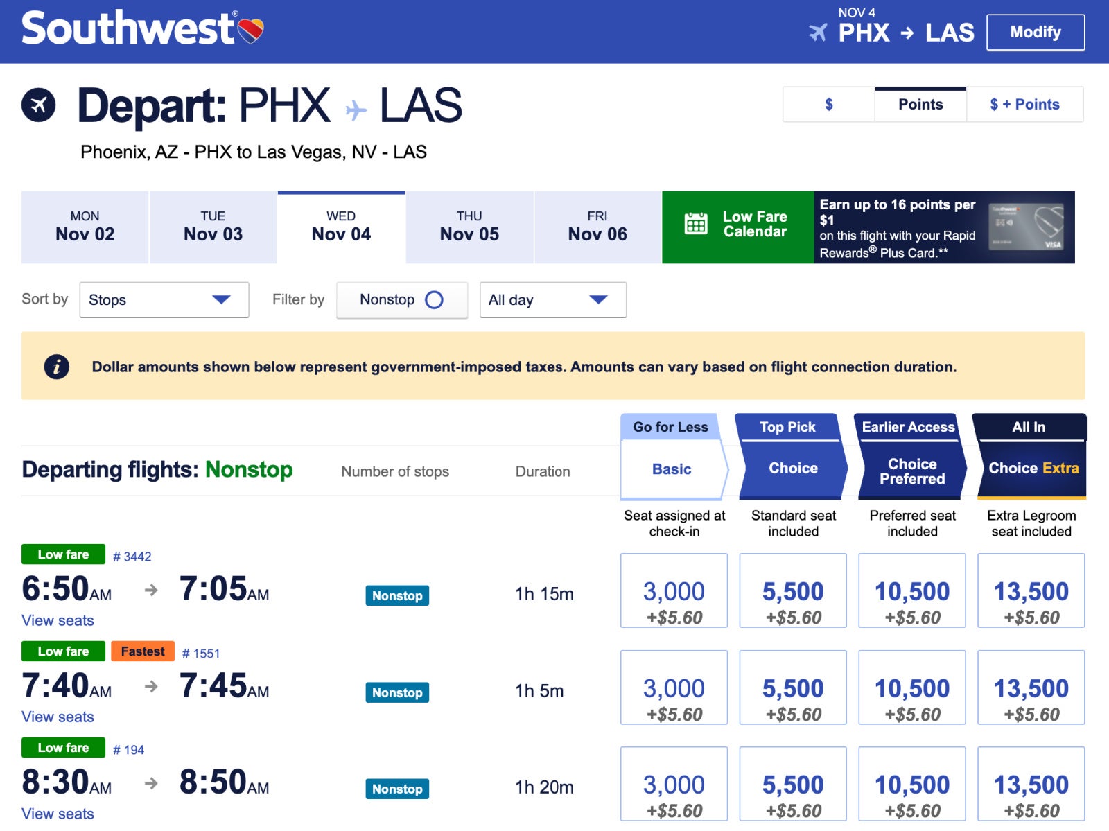 Southwest Screenshot PHX LAS Points Price