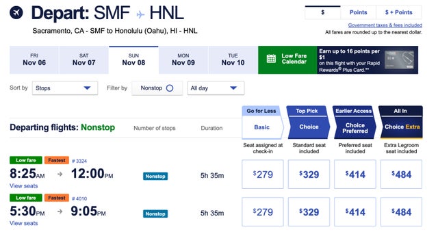 Southwest Screenshot SMF HNL Cash Price