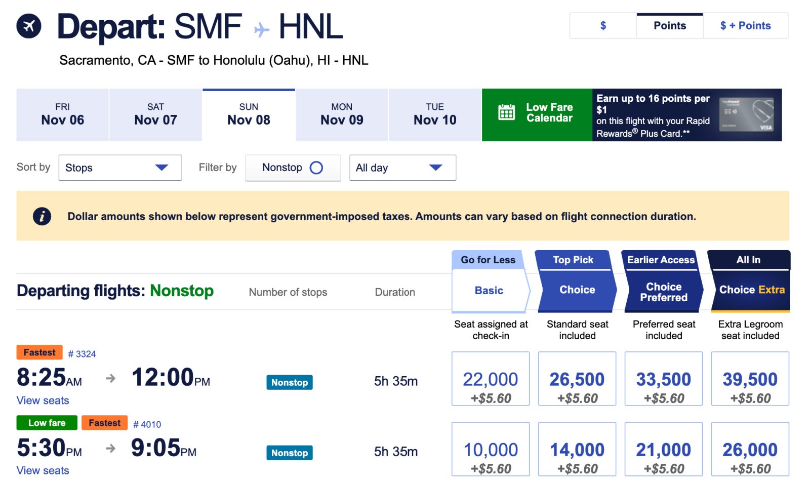 Southwest Screenshot SMF HNL Cash Price
