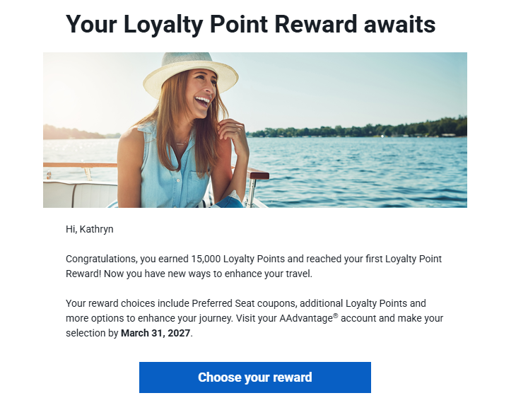 Email from American AAdvantage about Loyalty Point Rewards