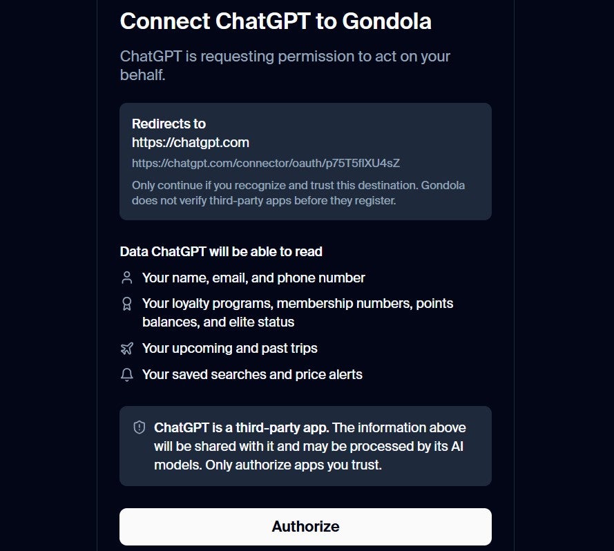 ChatGPT authorization for Gondola plug in